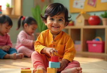 toddler, around 2 to 3 years old, playing in a colorful The i-School preschool classroom toddler, around 2 to 3 years old, playing in a colorful The i-School preschool classroom